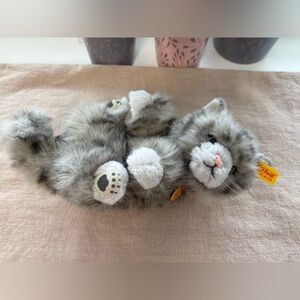 Plush Steiff kitten, laying on back, 10”
